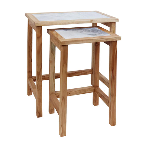 Oak nesting tables with white marble effect tops, rectangular design, stacked together