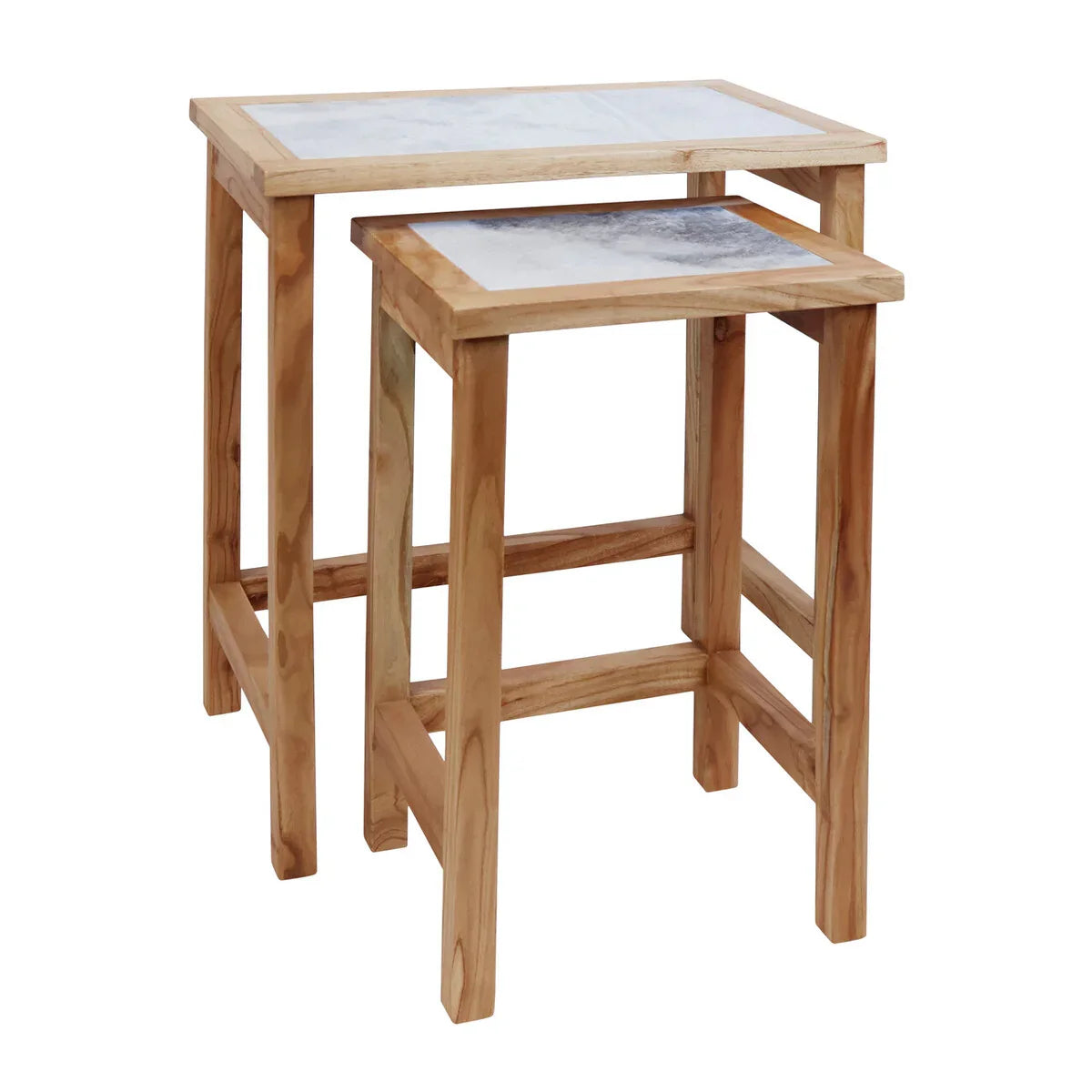 Oak nesting tables with white marble effect tops, rectangular design, stacked together