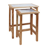 Oak nesting tables with white marble effect tops, rectangular design, stacked together