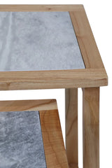 Close up of wooden side table with grey marble top and natural finish