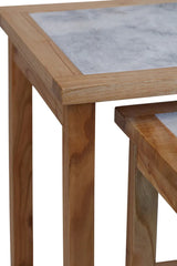 Light wood and grey stone top nesting tables close up