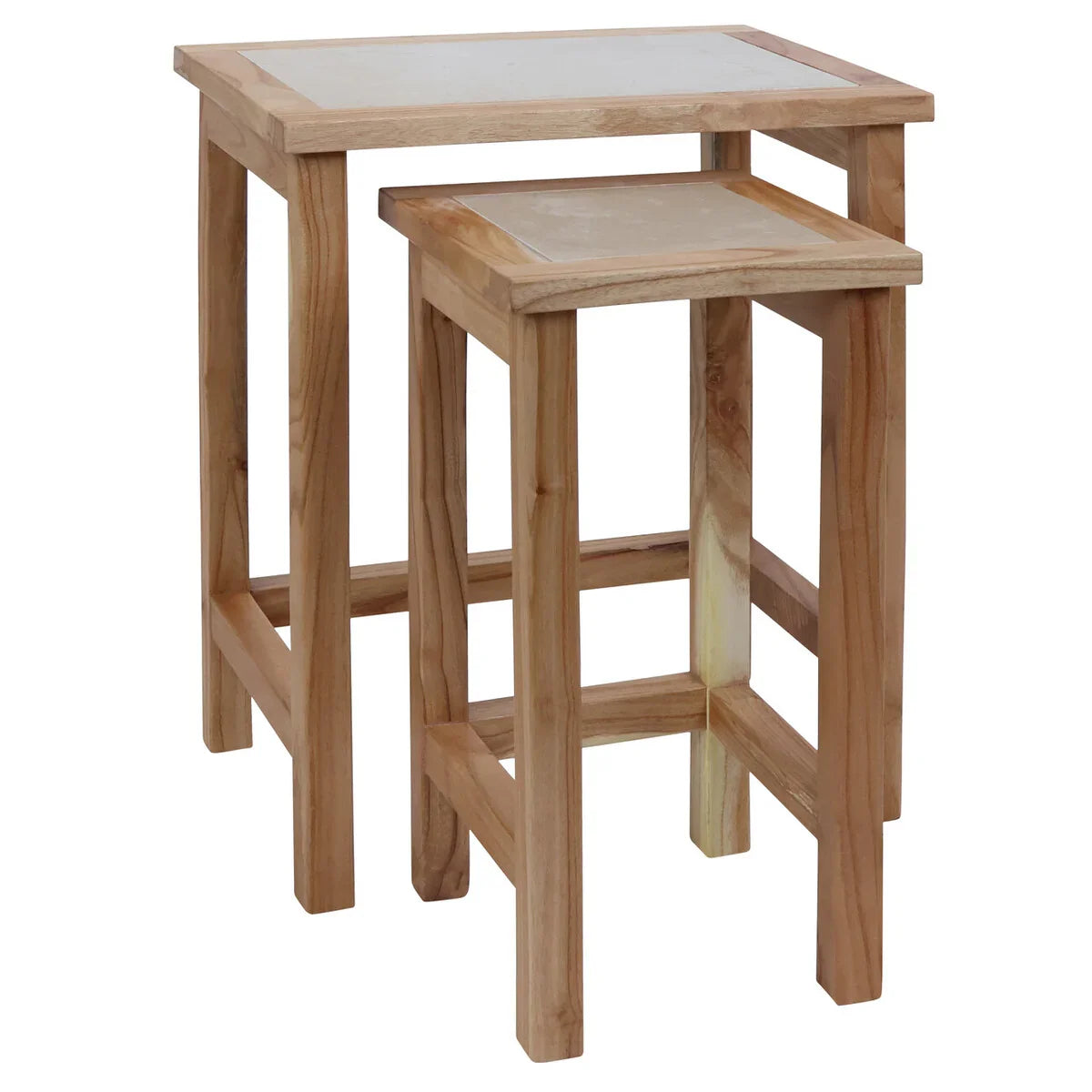 Womad Small Set Of 2 Wooden Side Tables With Cream Marble Tops