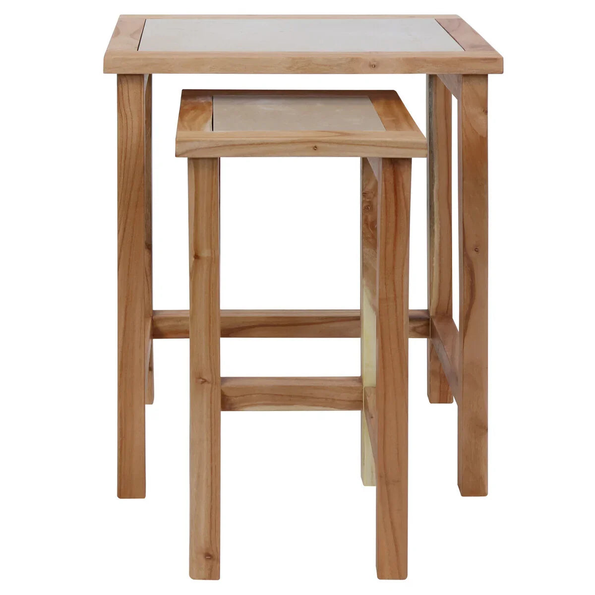 Set of two wooden nesting tables with square tops and natural finish, front view
