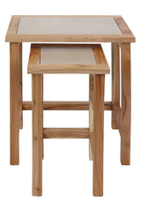 nest of tables with light wood frames and cream tops, compact stackable design