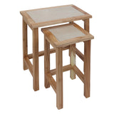 Oak and stone nest of tables set with rectangular tops and sturdy wooden frames