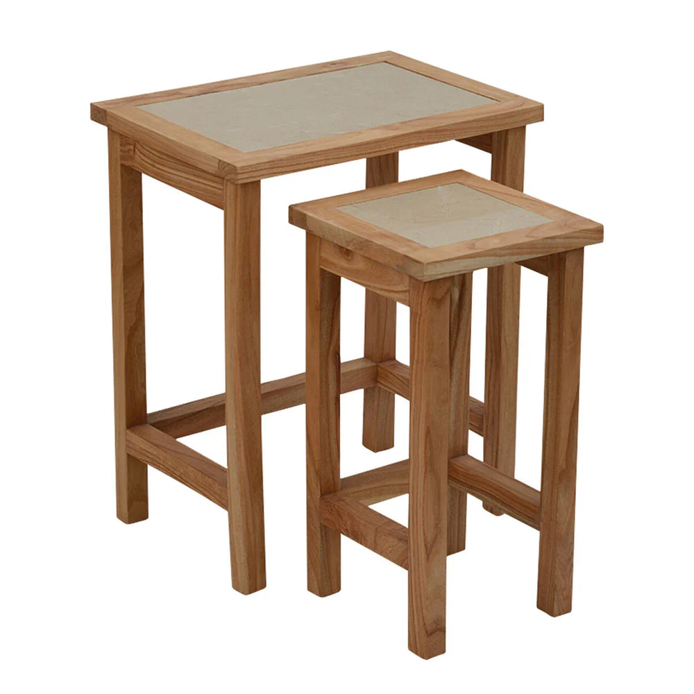 Oak nest of tables set with stone inlay tops, two sizes stacked, angled front view