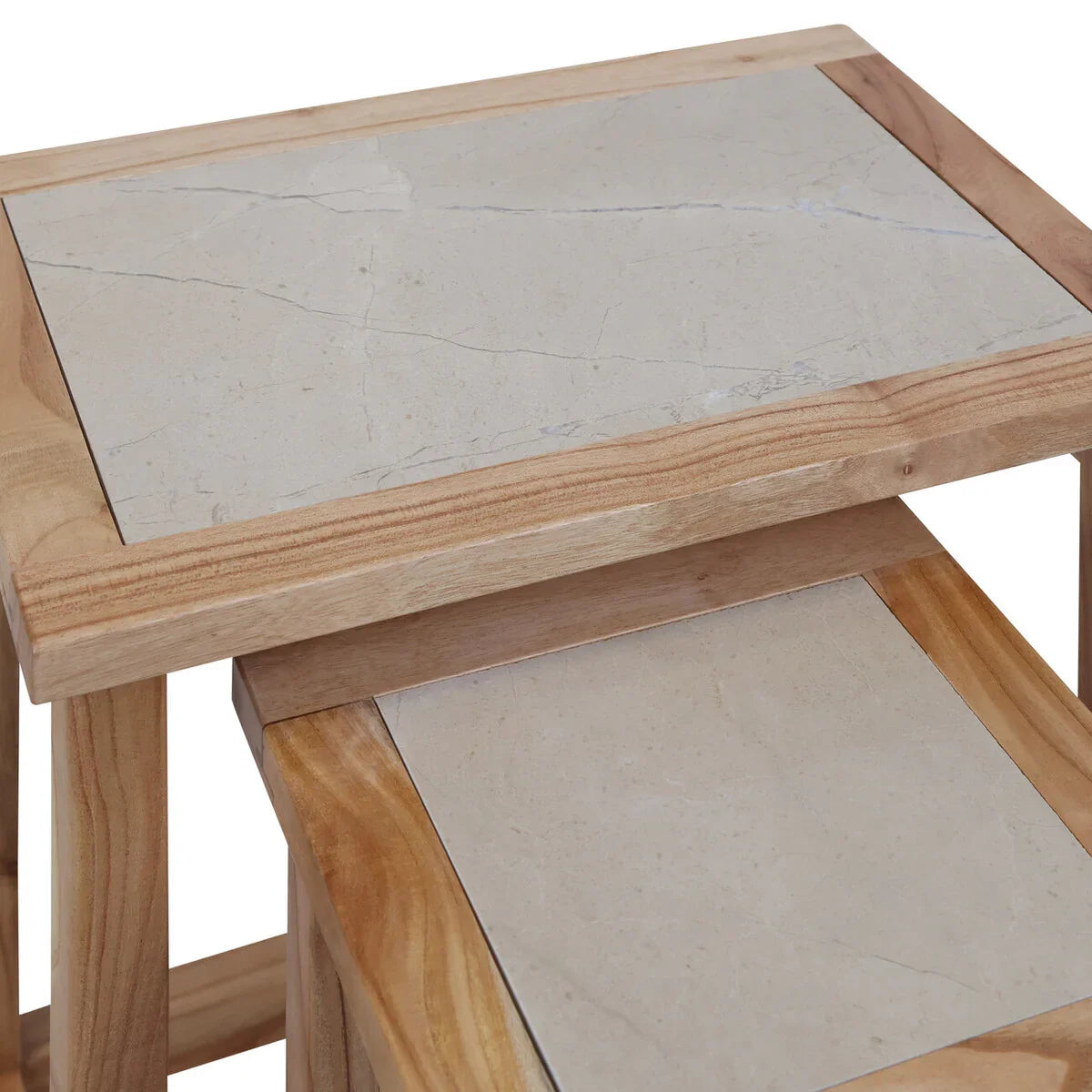 Set of two wooden nesting tables with cream stone tops