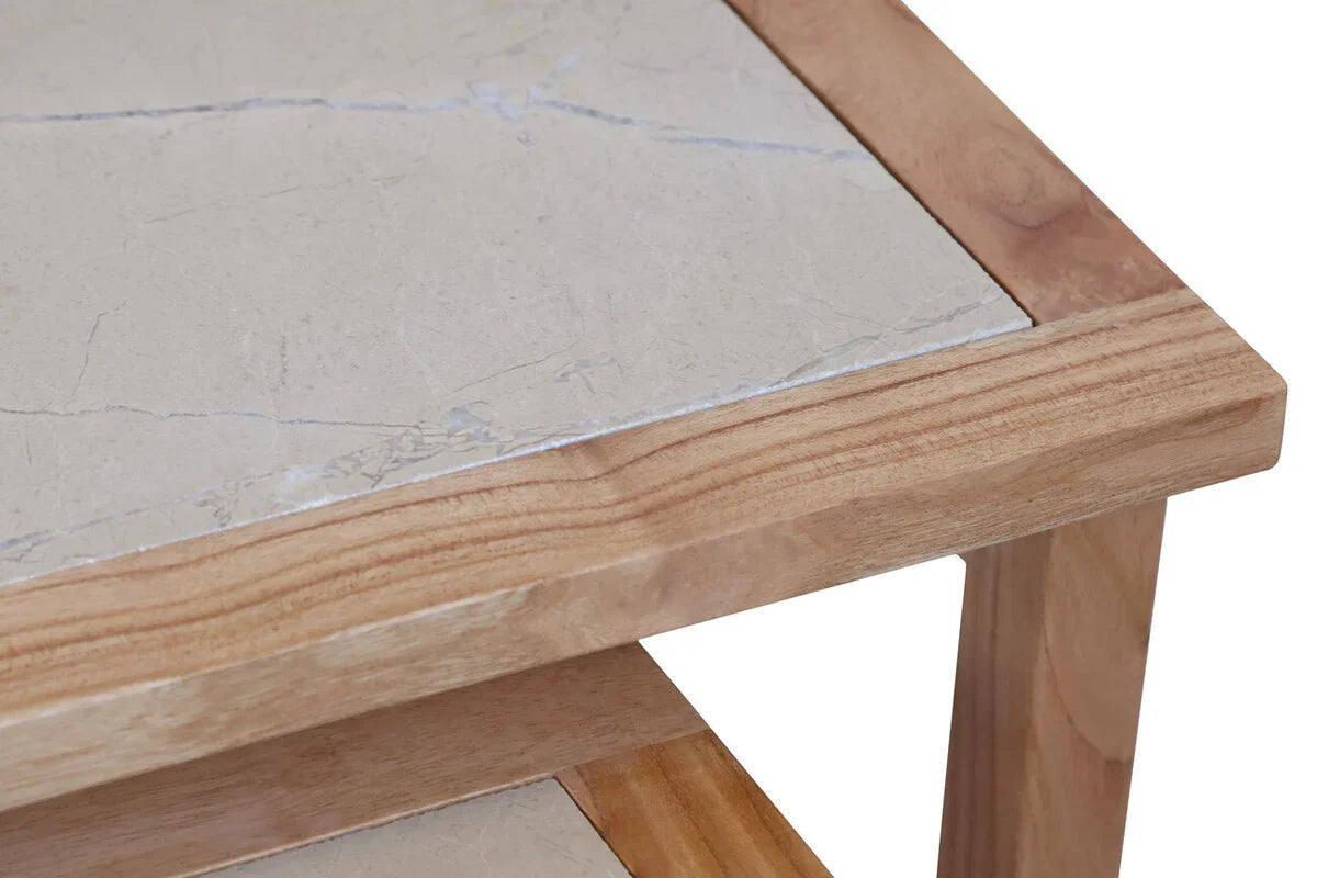 Close-up of wooden coffee table corner with light marble top and lower wooden shelf