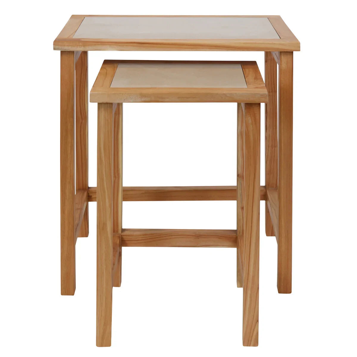 Oak nesting tables with light wood finish, two tables stacked for space saving