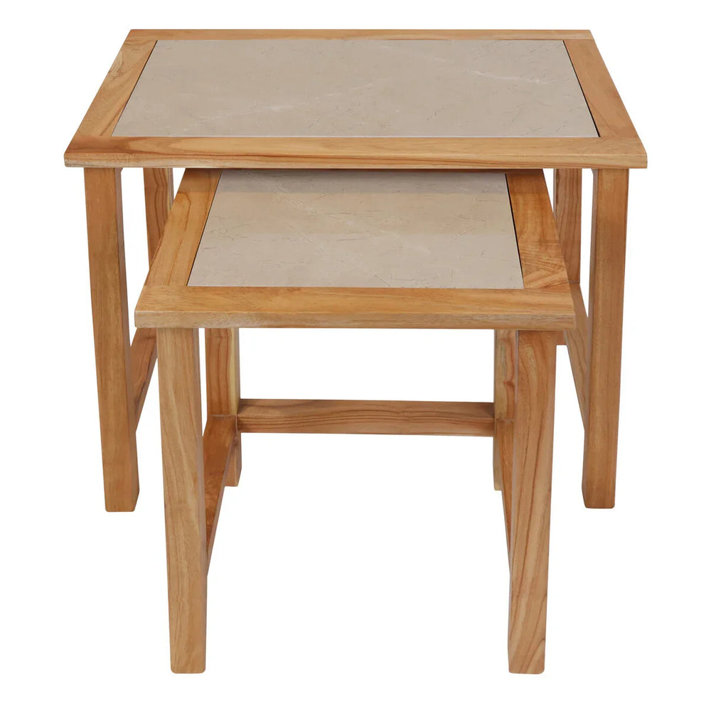 Oak nest of tables with beige marble tops, stacked front view
