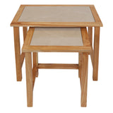 Oak nest of tables with beige marble tops, stacked front view