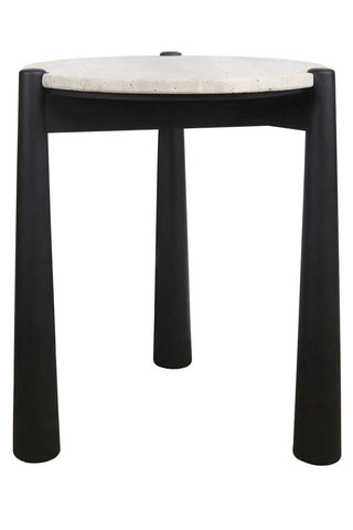 Round side table featuring a natural travertine top with a smooth finish, supported by four sturdy black mango wood legs.