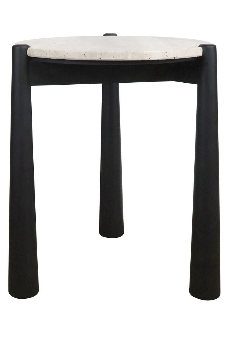 Round side table featuring a natural travertine top with a smooth finish, supported by four sturdy black mango wood legs.