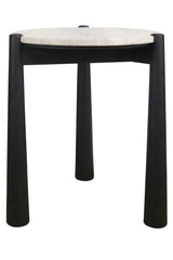 Round side table featuring a natural travertine top with a smooth finish, supported by four sturdy black mango wood legs.