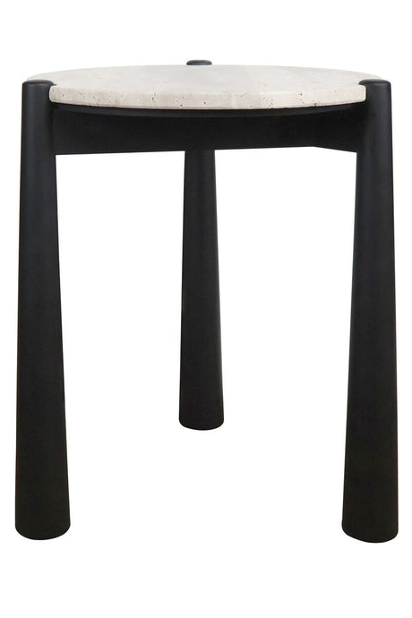 Round side table featuring a natural travertine top with a smooth finish, supported by four sturdy black mango wood legs.