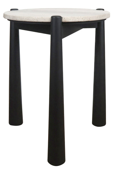 Round side table featuring a natural travertine top with a textured surface, supported by four sturdy black mango wood legs.