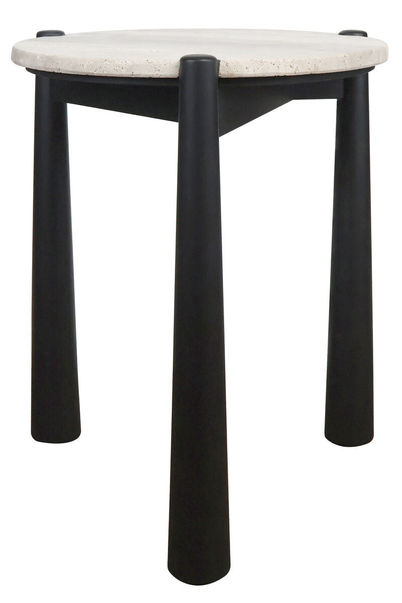 Round side table featuring a natural travertine top with a textured surface, supported by four sturdy black mango wood legs.