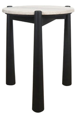 Round side table featuring a natural travertine top with a textured surface, supported by four sturdy black mango wood legs.