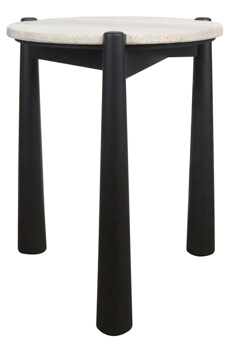 Round side table featuring a natural travertine top with a textured surface, supported by four sturdy black mango wood legs.