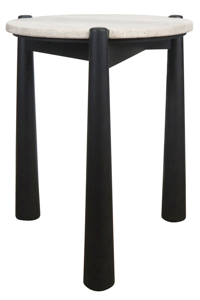 Round side table featuring a natural travertine top with a textured surface, supported by four sturdy black mango wood legs.