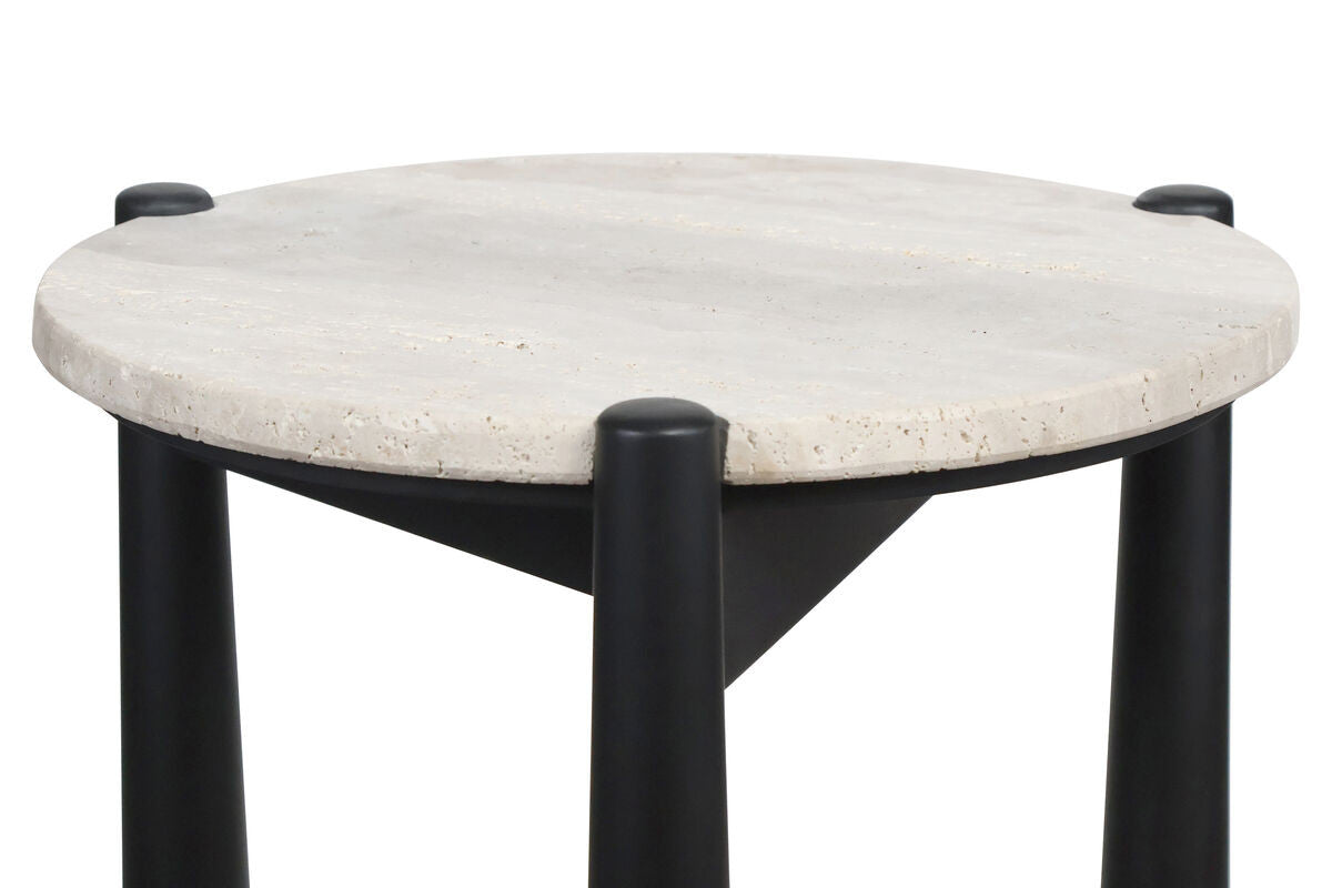 Round travertine top with a textured surface, supported by sleek black mango wood legs.