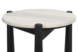 Round travertine top with a textured surface, supported by sleek black mango wood legs.