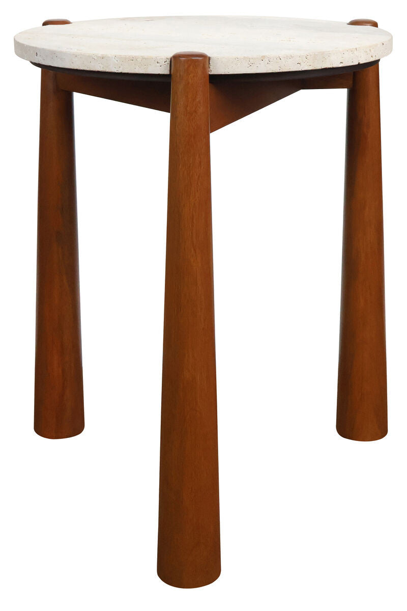 Round side table featuring a smooth travertine top and sturdy brown-finished mango wood legs.