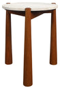 Round side table featuring a smooth travertine top and sturdy brown-finished mango wood legs.
