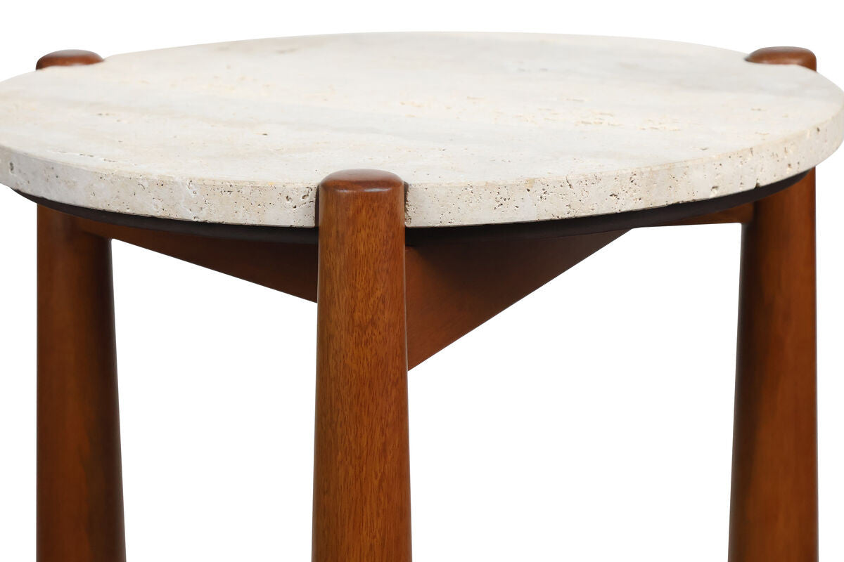 Round travertine top side table featuring a natural stone surface with a textured finish, supported by sturdy brown-finished mango wood legs.