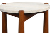 Round travertine top side table featuring a natural stone surface with a textured finish, supported by sturdy brown-finished mango wood legs.