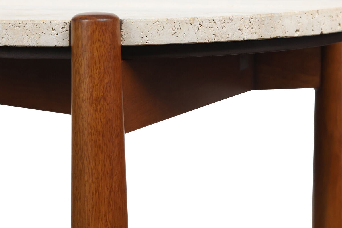 Round travertine top with a textured surface, supported by sturdy brown-finished mango wood legs.