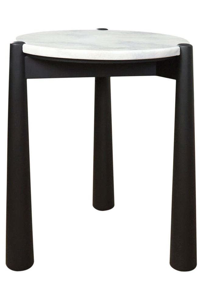Round side table featuring a sleek white marble top and sturdy black mango wood legs.