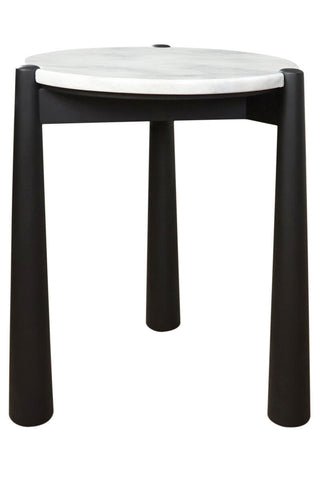Round side table featuring a sleek white marble top and sturdy black mango wood legs.