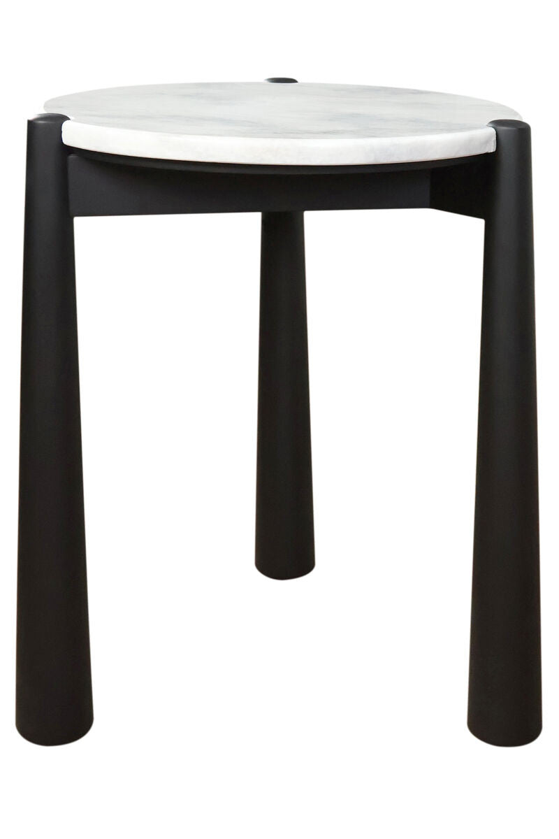 Round side table featuring a sleek white marble top and sturdy black mango wood legs.