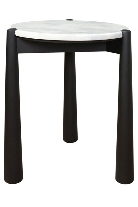 Round side table featuring a sleek white marble top and sturdy black mango wood legs.