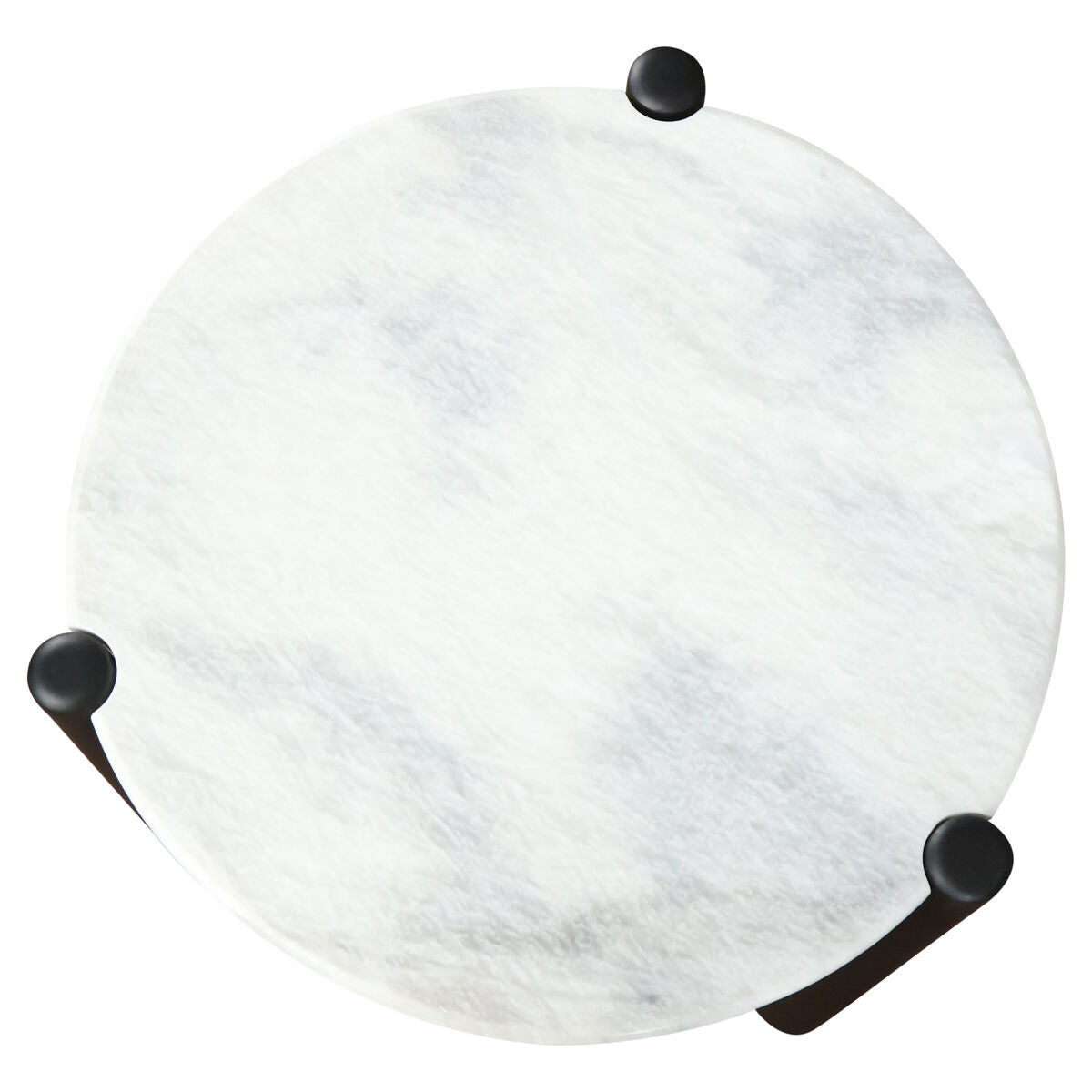 Round white marble tabletop with subtle gray veining, supported by a sleek black finish mango wood base.