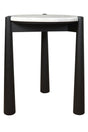 Round side table featuring a sleek white marble top and a sturdy black mango wood base. The table stands on four cylindrical legs, providing a modern aesthetic.