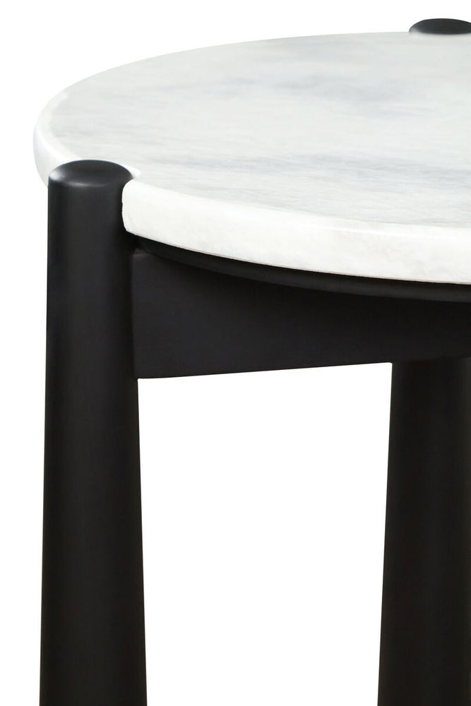 Round white marble tabletop with subtle gray veining, supported by a sleek black mango wood base.