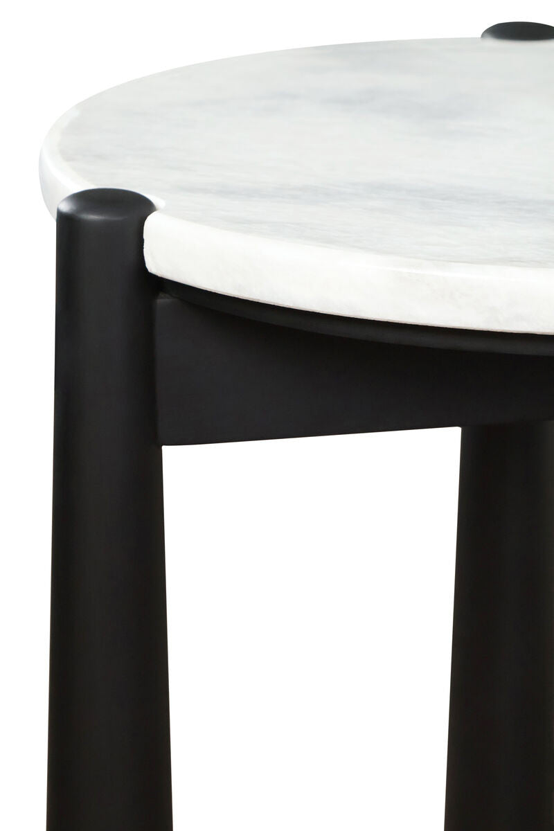 Round white marble tabletop with subtle gray veining, supported by a sleek black mango wood base.