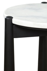 Round white marble tabletop with subtle gray veining, supported by a sleek black mango wood base.