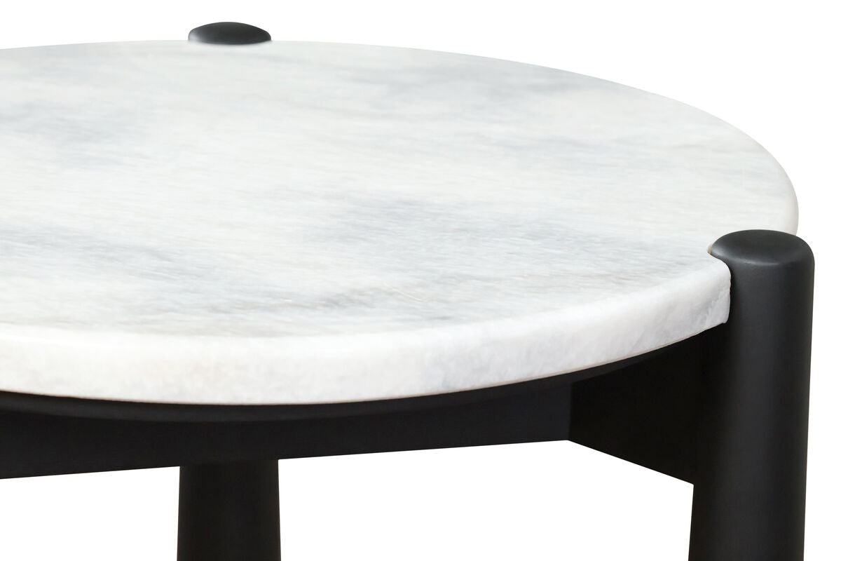 Round white marble tabletop with subtle gray veining, supported by a sleek black mango wood frame.