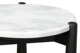 Round white marble tabletop with subtle gray veining, supported by a sleek black mango wood frame.
