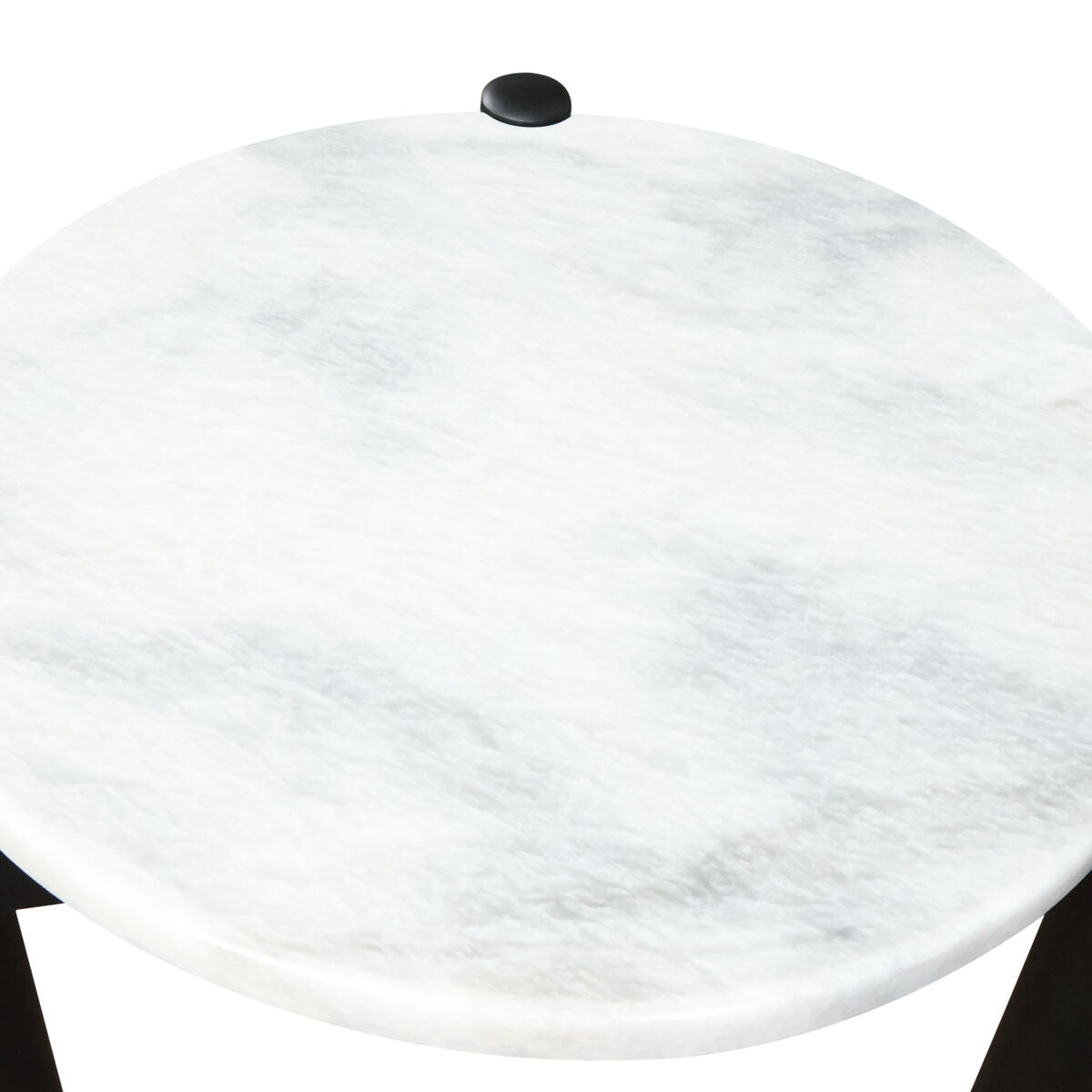 Round white marble top with subtle gray veining, featuring a small black knob at the center, supported by sleek black mango wood legs.