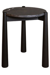 Round side table featuring a sleek black marble top with white veining, supported by sturdy black mango wood legs.