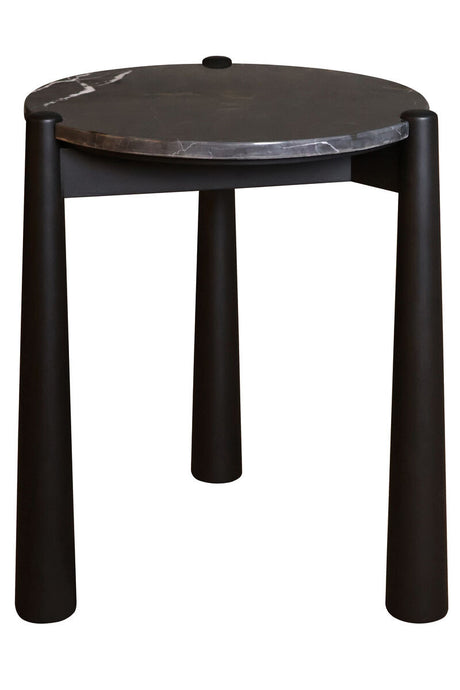 Round side table featuring a sleek black marble top with white veining, supported by sturdy black mango wood legs.