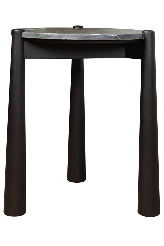 Black and white marble top side table featuring a sleek, round surface with subtle veining, supported by sturdy, tapered mango wood legs in a matte black finish.