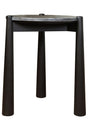 Black and white marble top side table featuring a sleek, round surface with subtle veining, supported by sturdy, tapered mango wood legs in a matte black finish.