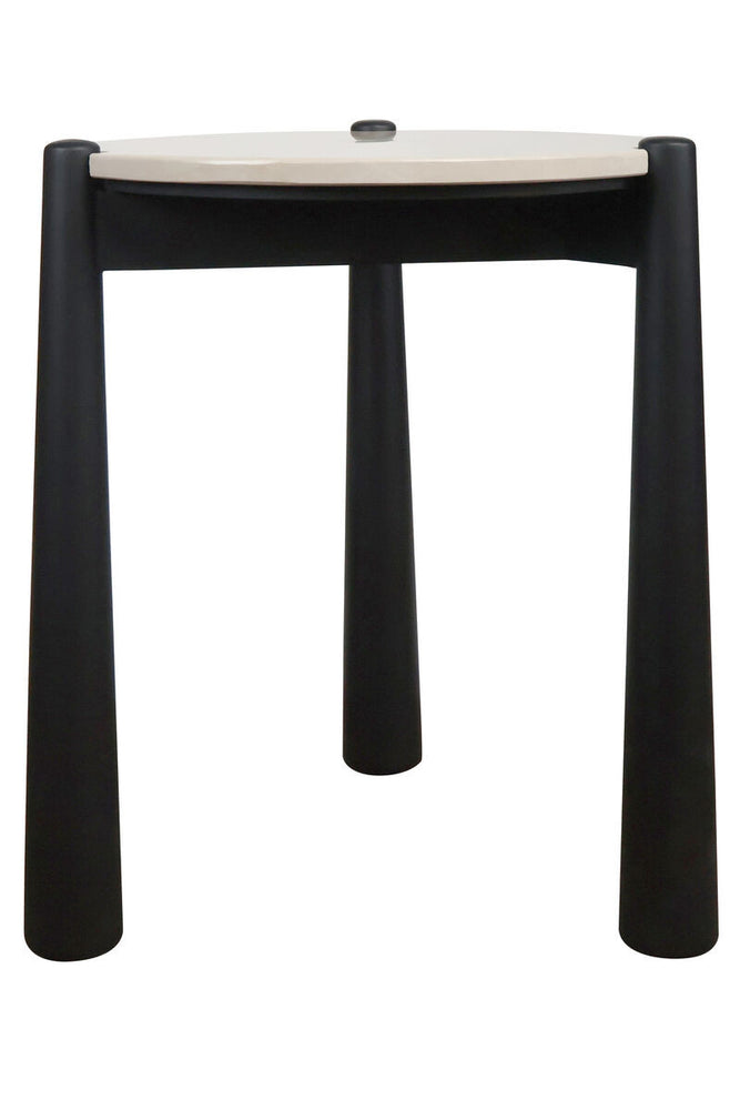 Cream marble top side table with a sleek, round surface and a smooth finish, supported by sturdy black mango wood legs.
