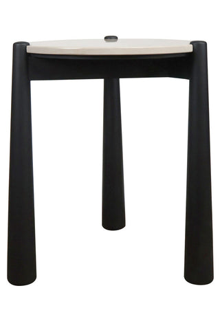 Cream marble top side table with a sleek, round surface and a smooth finish, supported by sturdy black mango wood legs.