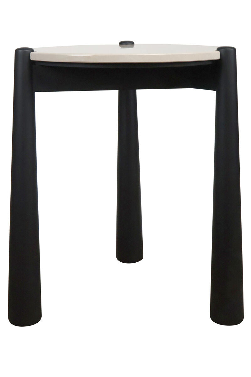 Cream marble top side table with a sleek, round surface and a smooth finish, supported by sturdy black mango wood legs.